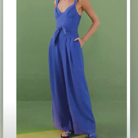 Farm Rio Blue Linen Blend Jumpsuit Wide Legged Size Small - Picture 3 of 6